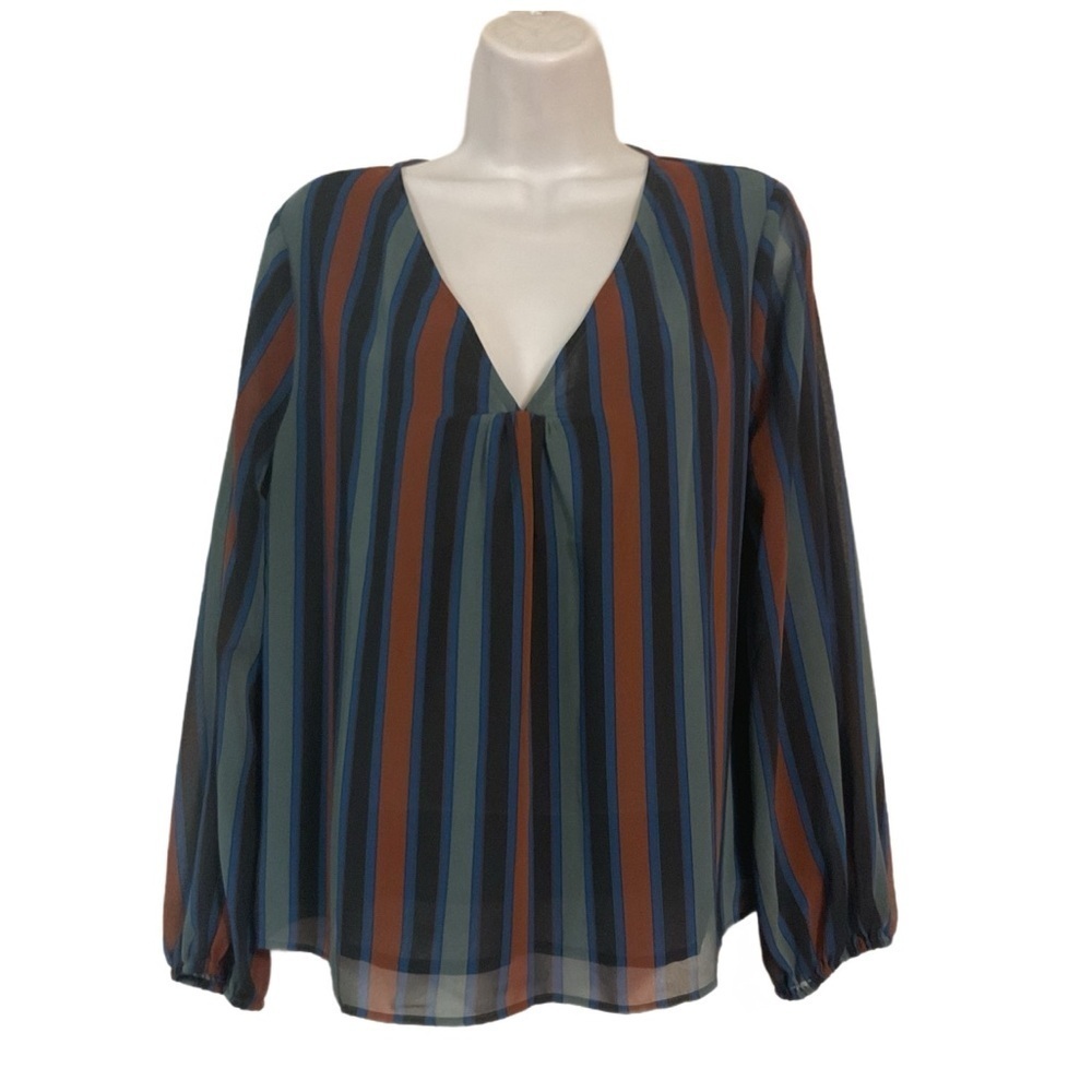 Madewell Sheer-Sleeve Top in Academy Stripe Colorful Vneck